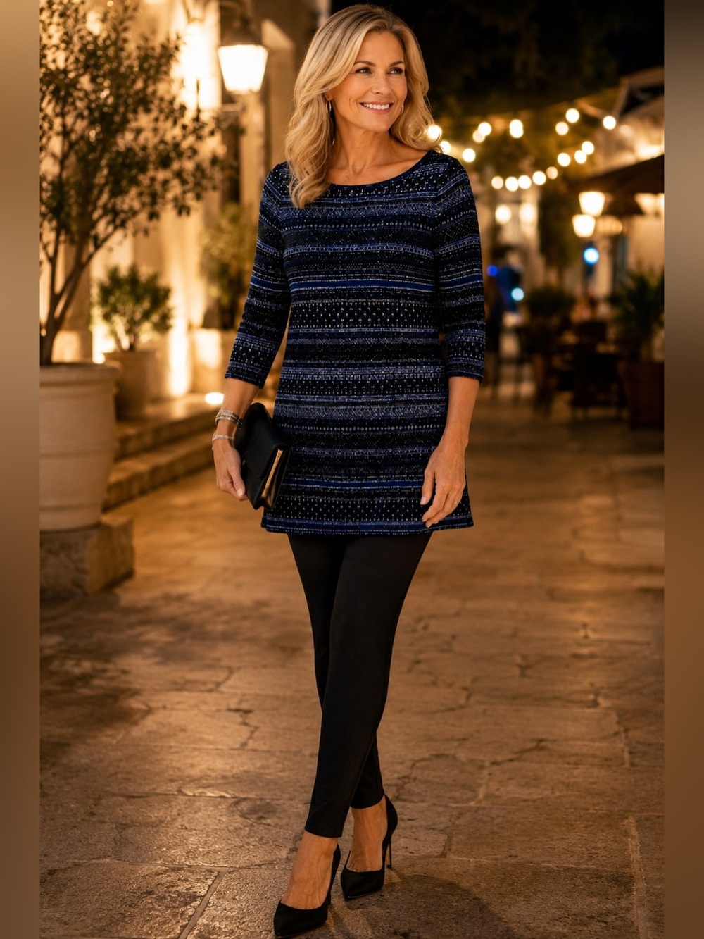 WHBM fair isle tunic sweater black blue silver shimmer size S